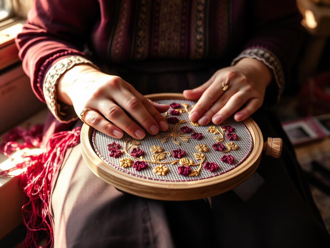 Artisan hands embroidering on a wooden hoop